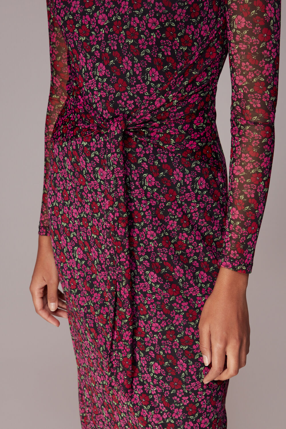 Pink Outlined Floral Tie Mesh Dress